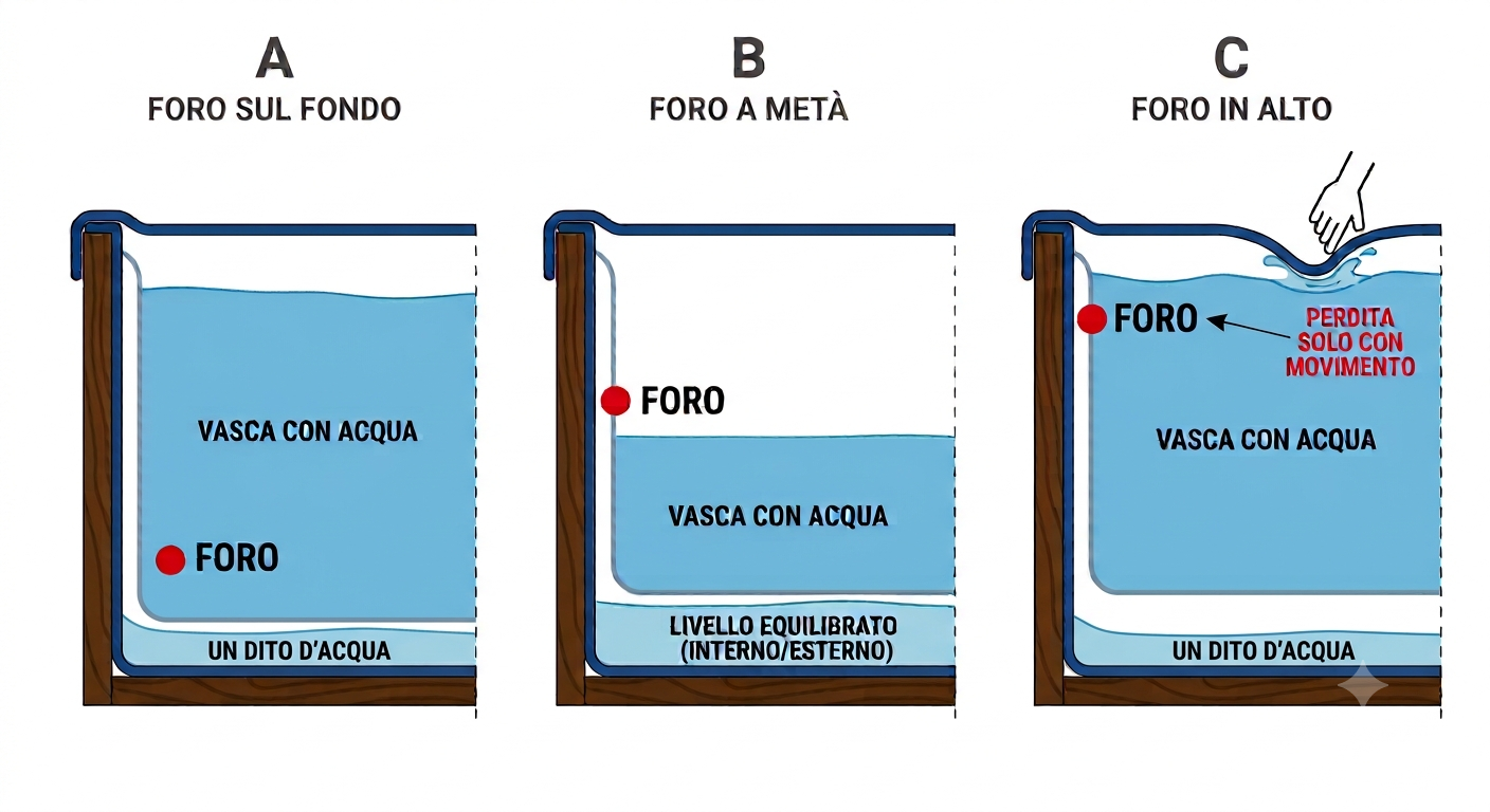 Schema foro vasca materasso ad acqua: comportamento dell'acqua in base alla posizione del foro